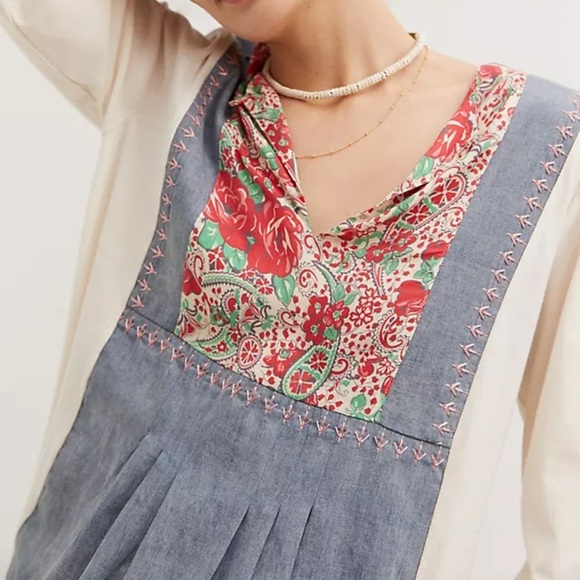 TINY Anthropologie Boho Floral Chambray Keyhole Festival Peasant Blouse - Picture 1 of 13
